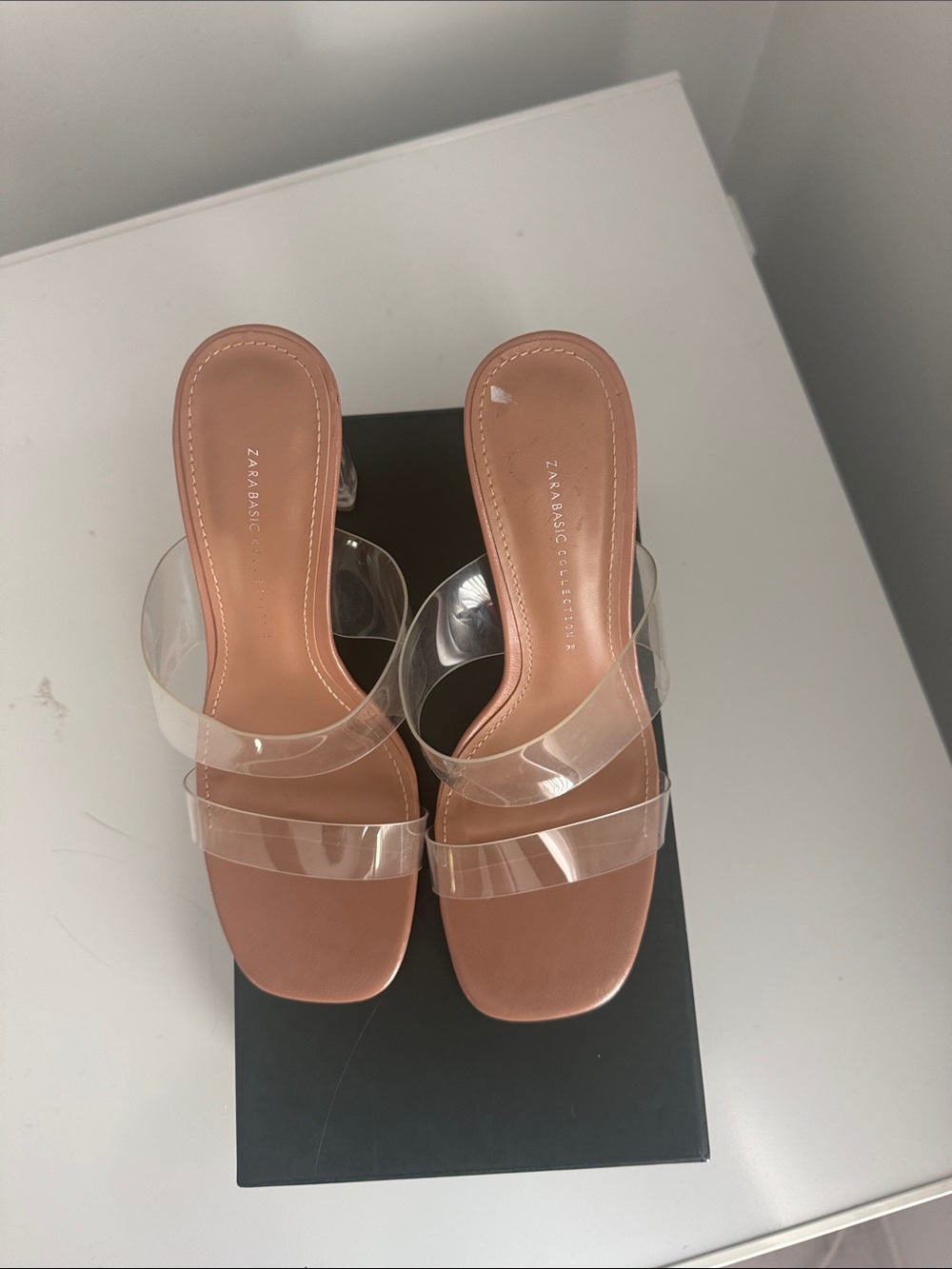Zara Tan Mule Heels with Clear Double Straps